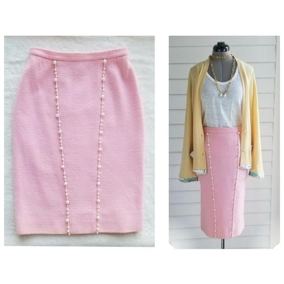 CHANEL vintage 1980's pretty-in-pink "beaded pearl bouclé" skirt fr-38 / us-6 - Picture 1 of 10